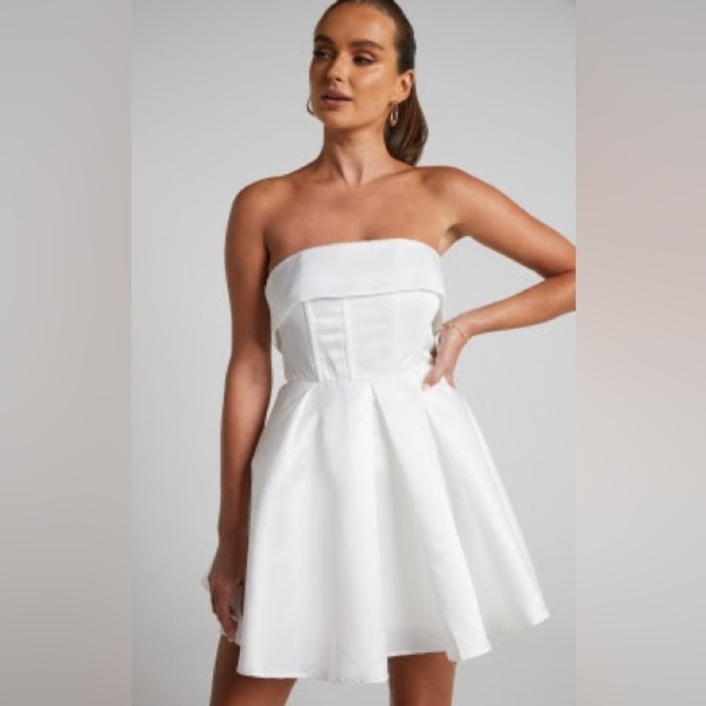 Showpo VALORA MINI DRESS - STRAPLESS FIT AND FLARE SATIN DRESS IN IVORY